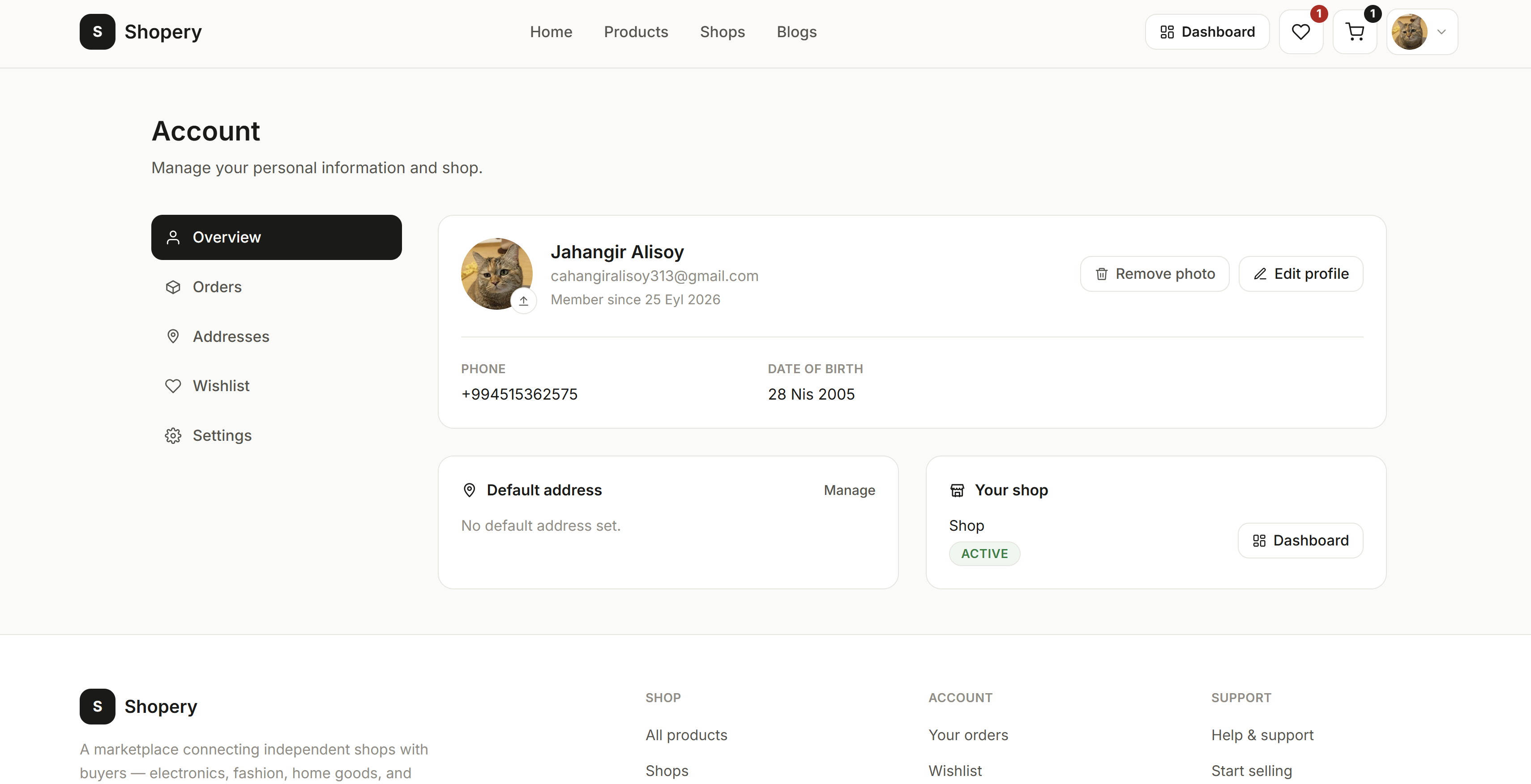 Shopery — user profile